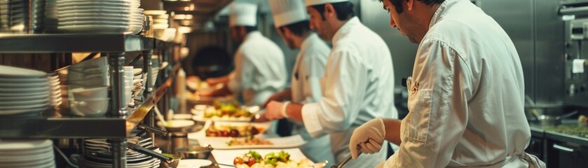 A team of chefs in a busy restaurant kitchen meticulously preparing a line of gourmet dishes for...