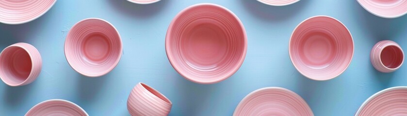 An assortment of pink ceramic tableware arranged neatly on a blue background.