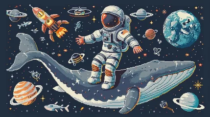 Deurstickers Pixelated astronaut and space objects inspired by 8-bit video games. Includes a cosmonaut riding a whale. Vintage-style characters in vector format, suitable for use in retro games and designs. © Suleyman