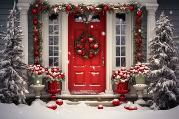 Fototapeta premium Joyous Door Christmas colorful decoration. Red door exterior with colorful lights. Generate Ai