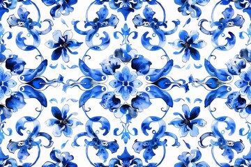 Watercolor Seamless pattern with blue and white