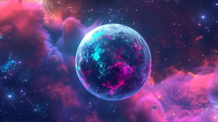 Fototapeta premium Neon-colored ball of light floating in space, created digitally.