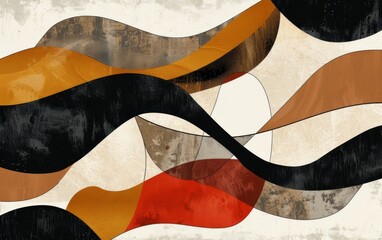 an abstract composition of shapes in the style of black and white line drawing, brown tones, beige background, simple lines