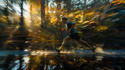 Fototapeta premium A man running through a forest with trees and water, AI