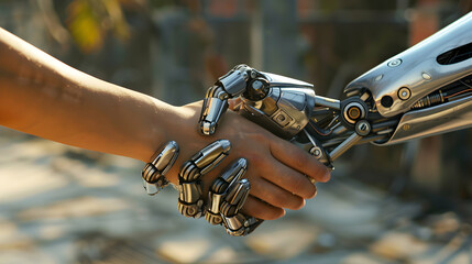 human hand and robot hand shaking hands, technology, ai, robot