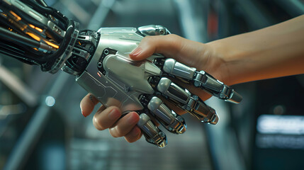 human hand and robot hand shaking hands, technology, ai, robot
