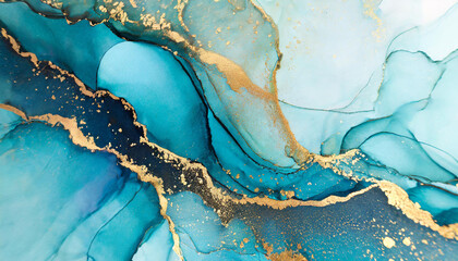 Abstract blue liquid watercolor background with golden stains. Cyan marble alcohol ink drawing effect. Turquoise geode with kintsugi. - obrazy, fototapety, plakaty