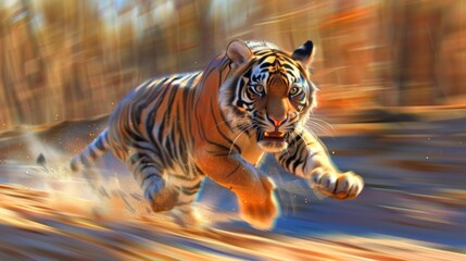 A tiger running on a dirt road in an artistic painting, AI - Powered by Adobe