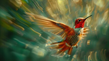 Fototapeta premium A hummingbird flying in the air with its wings spread wide, AI