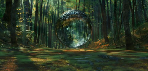 A crystal-clear lens ball capturing the verdant canopy of a tranquil forest scene.