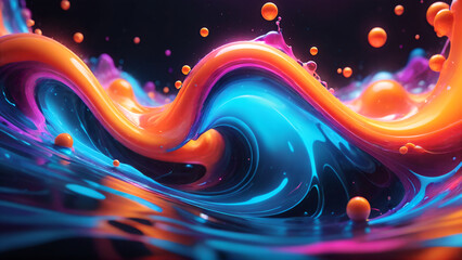 Abstract liquid background. Futuristic fluid backdrop. Blue orange color. Wave splash shape. Paint droplets. Flowing energy. Sci-fi stock illustration - obrazy, fototapety, plakaty