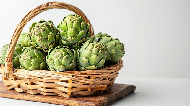 A wooden board with a white backdrop and a basket filled with pure green artichokes depicting organic garden greens veggies and space, Generative AI.