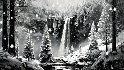 Christmas background with trees and snowflakes, waterfall on digital art concept.