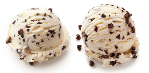 Scoop of white ice cream with chocolate chips isolated on a transparent background.