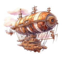 Naklejka premium Watercolor steampunk airship soaring through the sky isolated on the transparent background