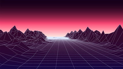 Retro sci-fi landscape of mountains. Futuristic polygonal background in style of 80s and 90s. Technology perspective glowing grid with 3d landscape. Abstract vector wireframe terrain design.
