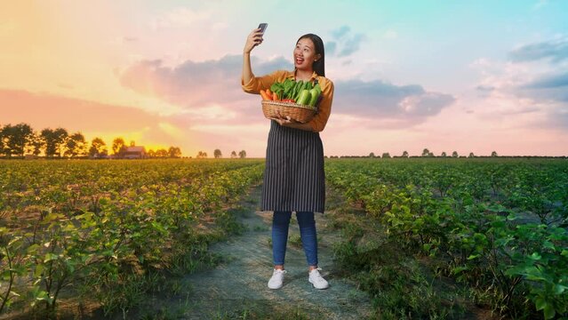 Full Body Of Asian Female Farmer With Vegetable Basket Taking Selfie By Smart Phone In Field