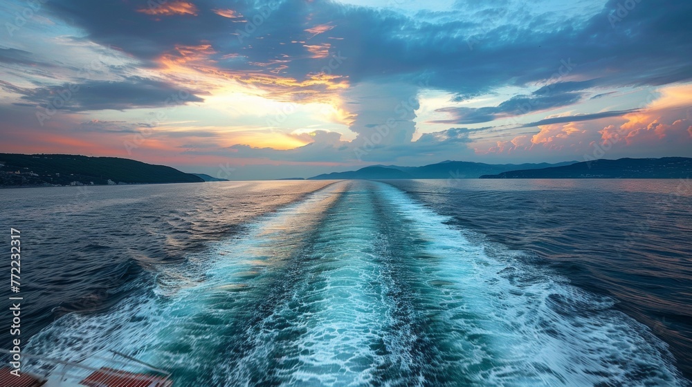 Sticker A view of a boat traveling down the water at sunset, AI