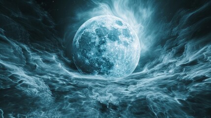 A large blue moon in the middle of a dark ocean, AI - 772232301