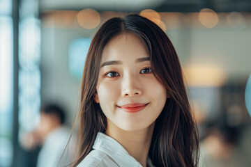 Fototapeta premium Young smiling beautiful asian company employee in the office. Closeup portrait of happy woman.