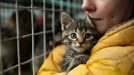 A close-up of an animal shelter worker cradling a rescued kitten with the cages and other animals blurred in the background - obrazy, fototapety, plakaty