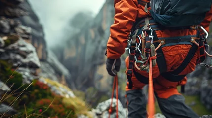 Foto op Canvas A close-up shot of a mountain rescuer securing a harness around an injured hiker the steep and rocky terrain blurred in the background © Thanapipat