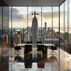 Contemporary office space with New York view. A concept of financial success. Generative AI - obrazy, fototapety, plakaty
