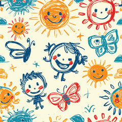 Hand Drawn Sketch Crayon Colorful Kids Doodle Seamless Patterns