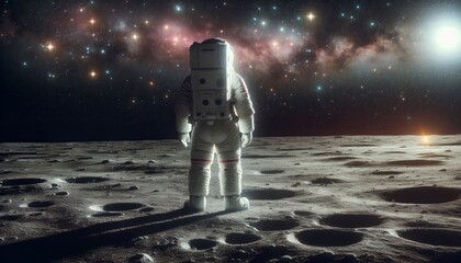Astronaut in a spacesuit stands on the surface of the Moon against the background of stars in the black space. Overcoming weightlessness, exploration, exploration of new planets. Cosmonautics Day. - obrazy, fototapety, plakaty