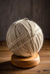 A skein or boll of soft yarn on a wooden stand on a simple background, world wide knit day