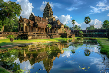 Intricate Masterpiece: Khmer Temple from the Angkor Era Amidst Vibrant Nature