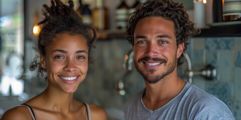 In a cheerful morning routine, a loving couple shares laughter and embraces in their bathroom.