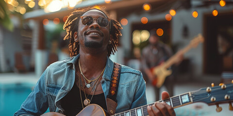 At a private poolside villa party, a trendy black guitarist entertains with adorable melodies.
