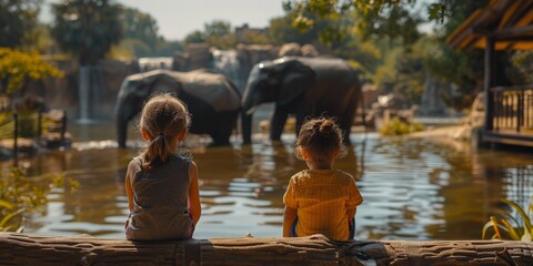 Children enjoy observing wildlife, including elephants bathing in a natural pool at the zoo.