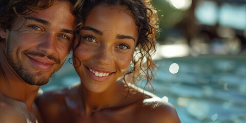 In a wellness-focused portrait, an attractive and cheerful couple enjoys a loving summer vacation by the pool.