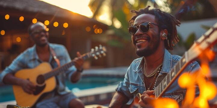In a carefree poolside villa party, a black guitarist and his band provide joyful entertainment. - Powered by Adobe