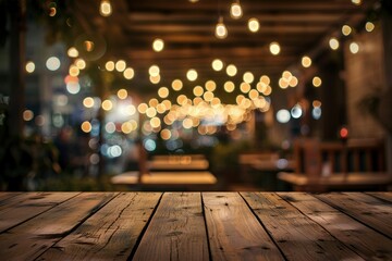 Image of wooden table in front of abstract blurred restaurant lights background - generative ai - obrazy, fototapety, plakaty