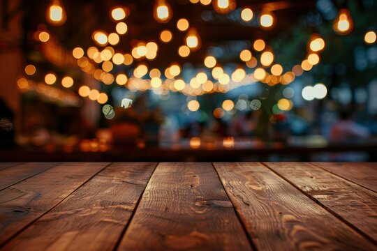 Image of wooden table in front of abstract blurred restaurant lights background - generative ai