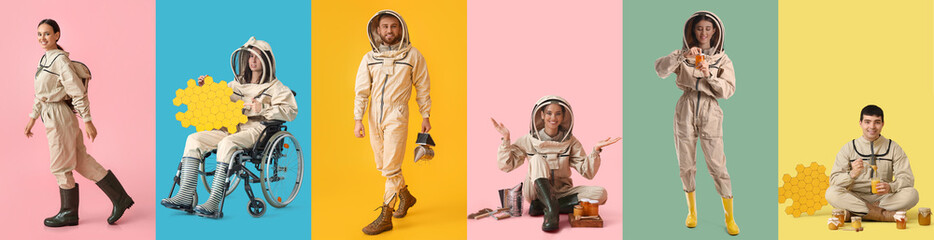 Collage of young beekeepers on color background
