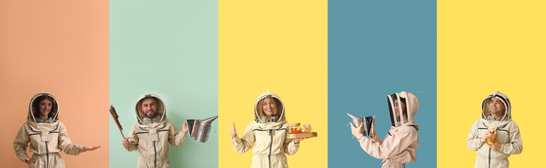 Set of young beekeepers on color background - obrazy, fototapety, plakaty