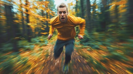 A man running through a forest in motion with blurred background, AI - 772236329