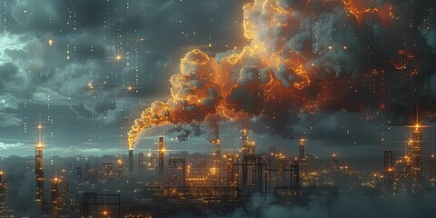 Obraz premium An innovative depiction of data cascading over factories, set against a network backdrop, showcasing cloud computing in manufacturing.