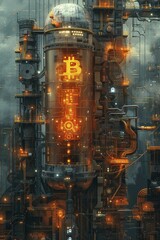 An innovative depiction of a digital currency symbol energizing industrial machinery against a fintech backdrop, illustrating cryptocurrency's role in manufacturing.