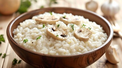 A bowl of rice with mushrooms and garlic in it, AI - 772236792