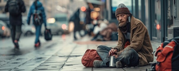 homeless in solitude, seated on the sidewalk, amidst an urban backdrop