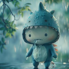 Charming 3D character in a whimsical shark costume contemplating a raindrop on their hand