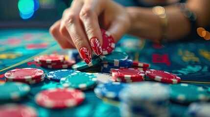 At a table in a casino, a woman's immaculate hands holding casino games chips quite vivid chips to choose around and space, Generative AI. - obrazy, fototapety, plakaty
