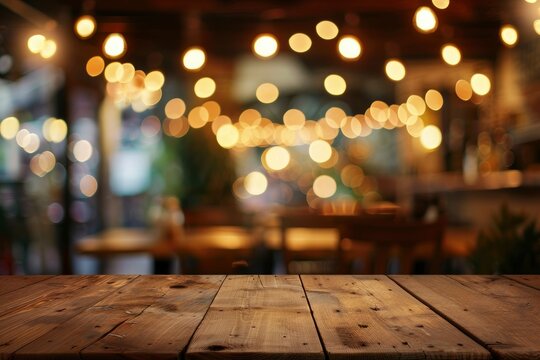 Image of wooden table in front of abstract blurred restaurant lights background - generative ai