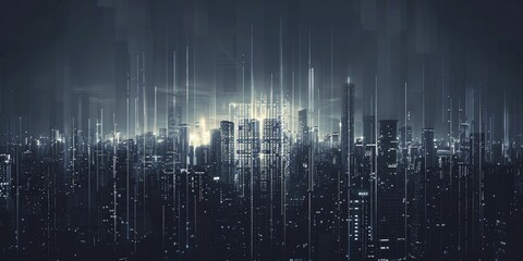 A futuristic cityscape emerges from a barcode against a commerce tech backdrop, symbolizing trade's digital evolution. - obrazy, fototapety, plakaty
