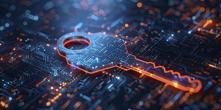 Clean graphic of an encryption key securing industrial data, on a cybersecurity background, concept for data protection in industrial IT.